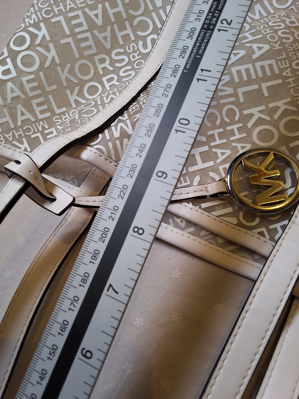 Michael Kors White Logo Tote with Gold MK Charm
